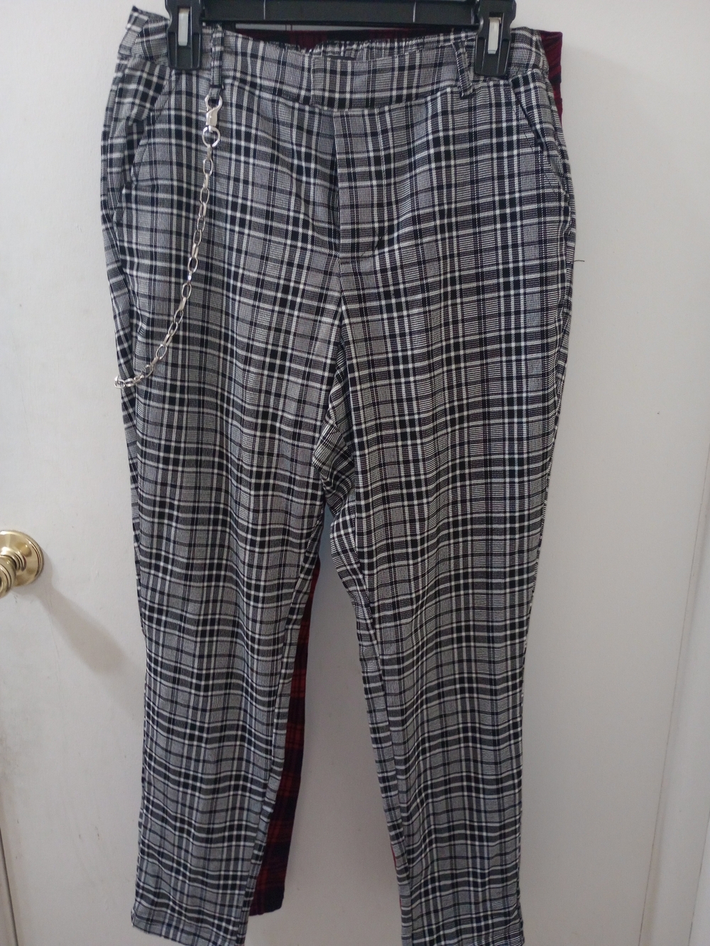 Gray Plaid Woman's Dress Pants with Chain Detail